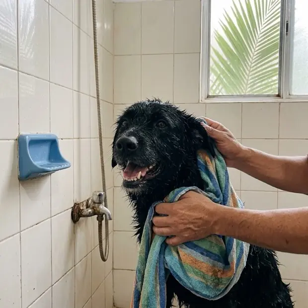 Perro recién bañado envuelto en una toalla