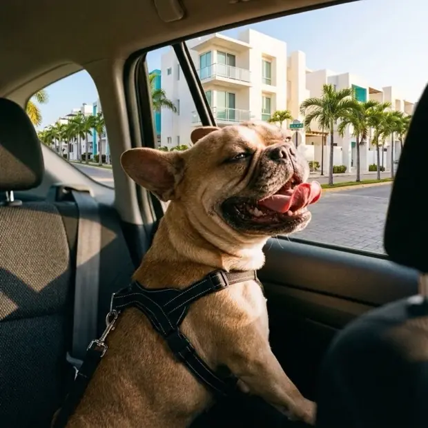 Perro con arnés asomado a la ventanilla del coche en Playa del Carmen