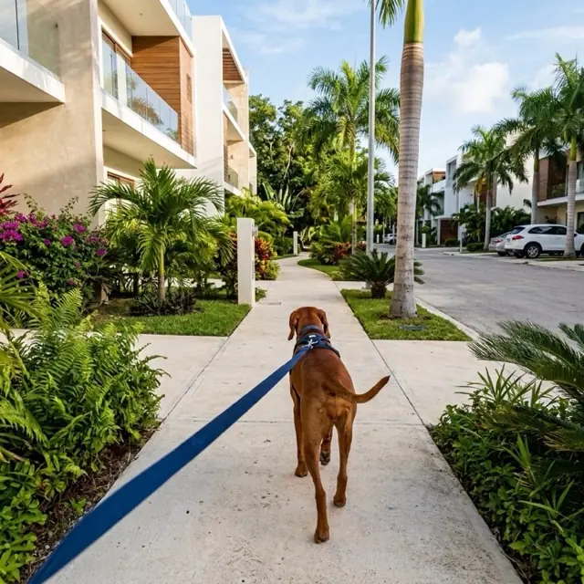 Perro paseando con la correa por la calle a primera hora