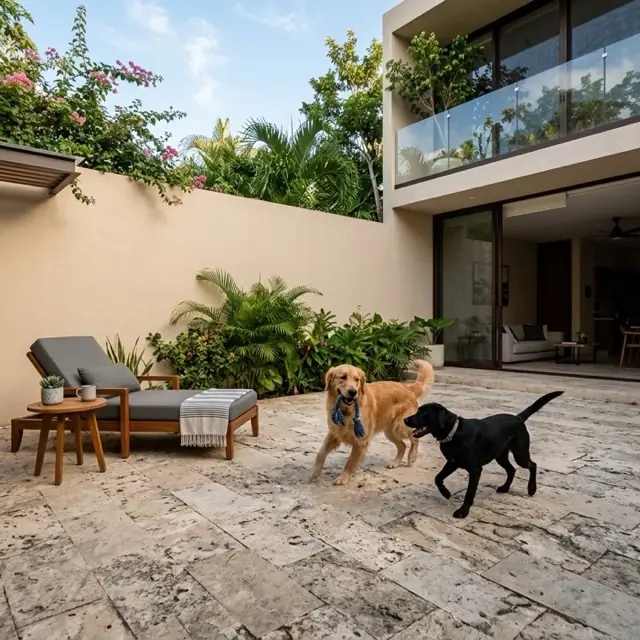 Dos perros jugando con una cuerda en el patio