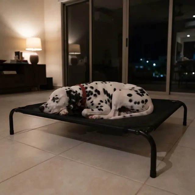 Perro dormido en su catre por la noche