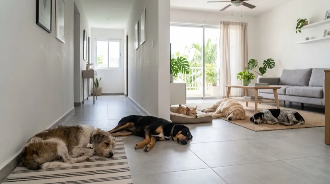 Cinco perros de tamaños distintos durmiendo repartidos por la casa