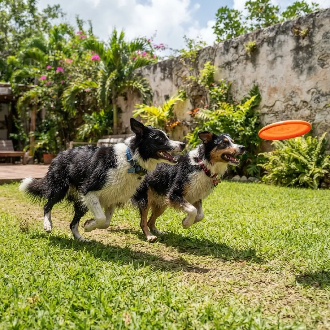 Dos perros corriendo a por un frisbee naranja