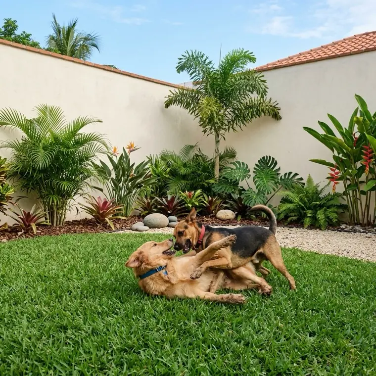 Dos perros jugando en el césped