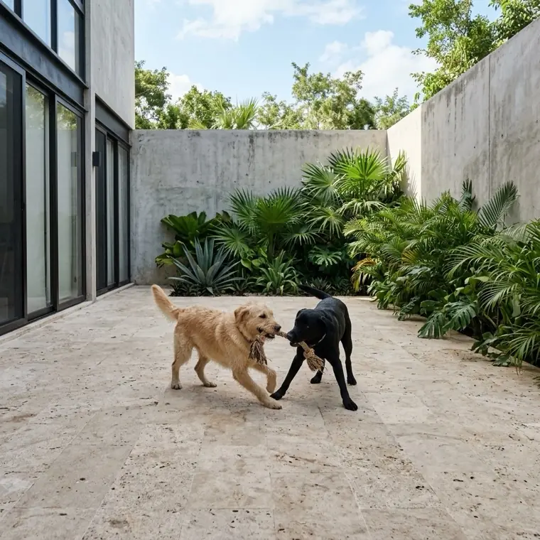 Dos perros jugando en el patio