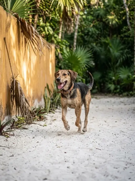 Perro corriendo por un camino de arena